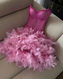 Niulatu Fuchsia Strapless Bodycon Beading Feathers Short Prom Dresses Fashion Homecoming Dresses HZ1031