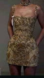 Niulatu Light Champagne Spaghetti Straps Bodycon Beaded Short Prom Dresses Homecoming Dresses with Rhinestones HZ1031
