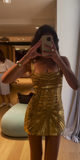 Niulatu Gold Spaghetti Straps Bodycon Beaded Short Prom Dresses Homecoming Dresses HZ1031