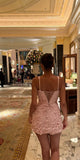 Niulatu Pink Square Neck Bodycon Satin Beaded Short Prom Dresses Homecoming Dresses with Appliques HZ1031