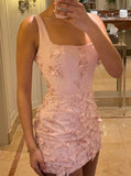Niulatu Pink Square Neck Bodycon Satin Beaded Short Prom Dresses Homecoming Dresses with Appliques HZ1031
