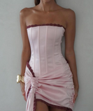 Niulatu Pink Strapless Bodycon Satin Short Prom Dresses Homecoming Dresses HZ1031