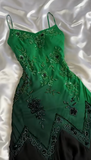 Niulatu Green Spaghetti Straps Mermaid Beaded Chiffon Long Prom Dresses Vintage Evening Gowns HZ1031