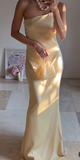 Niulatu Butter Yellow One Shoulder Sheath Satin Long Prom Dresses Formal Evening Gowns HZ1031