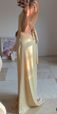Niulatu Butter Yellow One Shoulder Sheath Satin Long Prom Dresses Formal Evening Gowns HZ1031