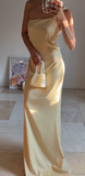 Niulatu Butter Yellow One Shoulder Sheath Satin Long Prom Dresses Formal Evening Gowns HZ1031