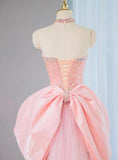 Niulatu Pink Strapless Mermaid Tulle Beaded Long Prom Dresses Wedding Dress with Bow HZ1031