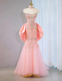 Niulatu Pink Strapless Mermaid Tulle Beaded Long Prom Dresses Wedding Dress with Bow HZ1031