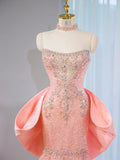 Niulatu Pink Strapless Mermaid Tulle Beaded Long Prom Dresses Wedding Dress with Bow HZ1031