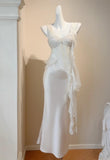 Niulatu White Spaghetti Straps Sheath Satin Chiffon Long Prom Dresses Birthday Evening Gowns HZ1031