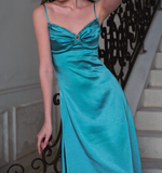 Niulatu Blue Spaghetti Straps Sheath Satin Long Prom Dresses French Evening Gowns HZ1031