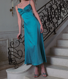 Niulatu Blue Spaghetti Straps Sheath Satin Long Prom Dresses French Evening Gowns HZ1031