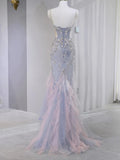 Niulatu Lilac Strapless Mermaid Tulle Rhinestone Long Prom Dresses Formal Evening Gowns HZ1031
