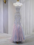 Niulatu Lilac Strapless Mermaid Tulle Rhinestone Long Prom Dresses Formal Evening Gowns HZ1031