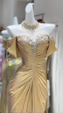 Niulatu Yellow Off Shoulder Mermaid Satin Long Prom Dresses Formal Evening Gowns HZ1031