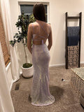 Niulatu Purple Spaghetti Straps Mermaid Sequin Satin Long Prom Dresses Formal Evening Gowns with Open Back HZ1031