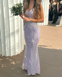 Niulatu Purple Spaghetti Straps Mermaid Sequin Satin Long Prom Dresses Formal Evening Gowns with Open Back HZ1031