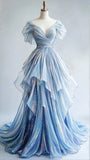 Niulatu Ice Blue V-Neck A-Line Tulle Long Prom Dresses HZ1031