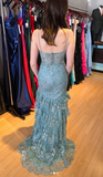 Niulatu Soft Green Spaghetti Straps Mermaid Tulle Sequin Long Prom Dresses Formal Evening Gowns HZ1031