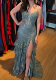 Niulatu Soft Green Spaghetti Straps Mermaid Tulle Sequin Long Prom Dresses Formal Evening Gowns HZ1031