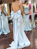 Niulatu Light Blue Square Neck Mermaid Satin Long Prom Dresses Formal Backless Evening Gowns with Bow HZ1031