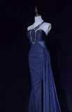 Niulatu Navy Blue One Shoulder Mermaid Glitter Satin Long Prom Dresses Formal Evening Gowns with Open Back HZ1031
