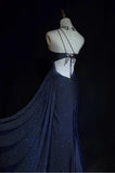 Niulatu Navy Blue One Shoulder Mermaid Glitter Satin Long Prom Dresses Formal Evening Gowns with Open Back HZ1031