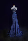 Niulatu Navy Blue One Shoulder Mermaid Glitter Satin Long Prom Dresses Formal Evening Gowns with Open Back HZ1031