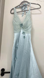 Niulatu Grey Blue V Neck Sheath Satin Prom Dresses Fashion Party Dress with Applique HZ1031