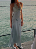 Niulatu Grey Blue V Neck Sheath Satin Prom Dresses Fashion Party Dress with Applique HZ1031