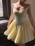 Niulatu Yellow Spaghetti Straps A-Line Satin Short Party Dress Homecoming Dress HZ1031