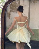 Niulatu Yellow Spaghetti Straps A-Line Satin Short Party Dress Homecoming Dress HZ1031