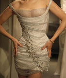 Niulatu Silver Off Shoulder Bodycon Lace Rhinestone Short Party Dress Homecoming Dress HZ1031