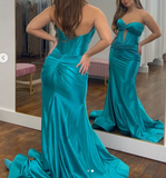 Niulatu Turquoise Sweetheart Mermaid Satin Long Prom Dresses Formal Evening Gowns HZ1031