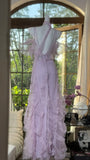 Niulatu Light Taro Purple V-neck Sheath Tulle Lace Long Prom Dresses Formal Evening Gowns with Open Back HZ1031