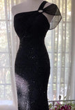 Niulatu Black One Shoulder Mermaid Chiffon Long Prom Dresses Formal Evening Gowns with Beading HZ1031