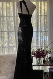 Niulatu Black One Shoulder Mermaid Chiffon Long Prom Dresses Formal Evening Gowns with Beading HZ1031