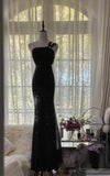 Niulatu Black One Shoulder Mermaid Chiffon Long Prom Dresses Formal Evening Gowns with Beading HZ1031