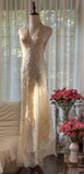 Niulatu V-neck Sheath Chiffon Long Prom Dresses Vintage Backless Evening Gowns with Beading HZ1031