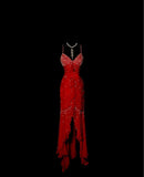 Niulatu Red Spaghetti Straps Mermaid Chiffon Long Prom Dresses Vintage Evening Gowns with Beading HZ1031