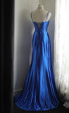 Niulatu Blue Spaghetti Straps Mermaid Satin Long Prom Dresses Formal Evening Gowns HZ1031