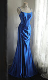 Niulatu Blue Spaghetti Straps Mermaid Satin Long Prom Dresses Formal Evening Gowns HZ1031