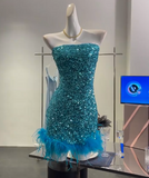 Niulatu Blue Strapless A-Line Sequin Short Party Dresses Homecoming Dresses HZ1031