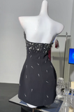 Niulatu Black Strapless Sheath Satin Beaded Short Party Dresses Homecoming Dresses HZ1031