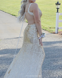 Niulatu Blue V-neck Sheath Sequins Long Prom Dresses Formal Backless Evening Gowns with Slits HZ1031