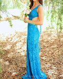 Niulatu Blue V-neck Sheath Sequins Long Prom Dresses Formal Backless Evening Gowns with Slits HZ1031