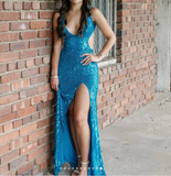Niulatu Blue V-neck Sheath Sequins Long Prom Dresses Formal Backless Evening Gowns with Slits HZ1031