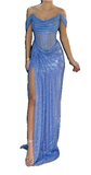 Niulatu Grey Blue Off Shoulder Sheath Glitter Satin Long Prom Dresses Formal Evening Gowns with Slits HZ1031