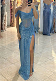 Niulatu Grey Blue Off Shoulder Sheath Glitter Satin Long Prom Dresses Formal Evening Gowns with Slits HZ1031