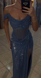 Niulatu Grey Blue Off Shoulder Sheath Glitter Satin Long Prom Dresses Formal Evening Gowns with Slits HZ1031